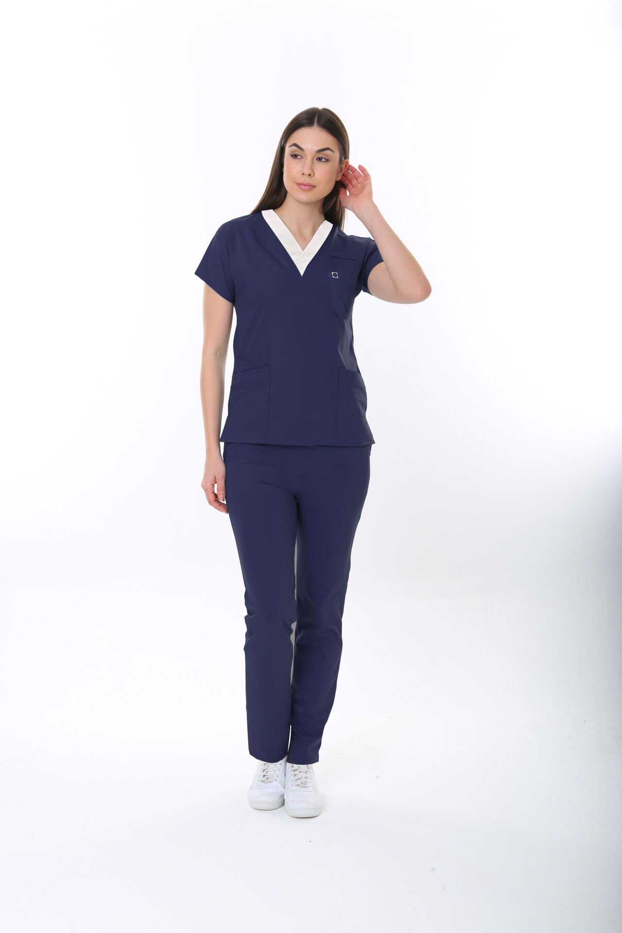 ARMASIZ SORUMLU HEMŞİRE FORMASI LİKRALI SCRUBS TAKIM (PATRIOT BLUE)