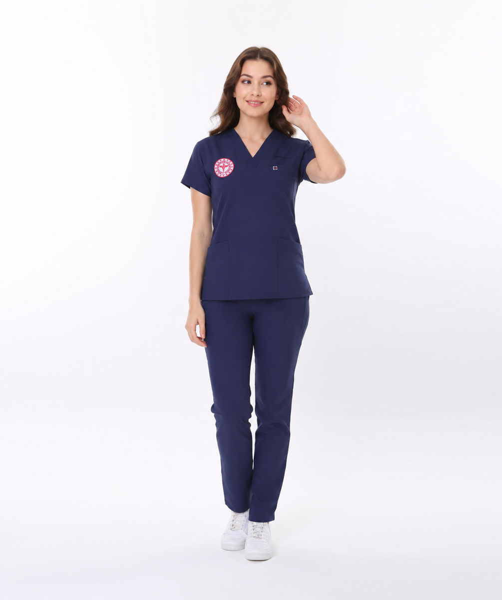 LACİVERT HEMŞİRE FORMASI LİKRALI SCRUBS TAKIM (PATRIOT BLUE) ARMALI