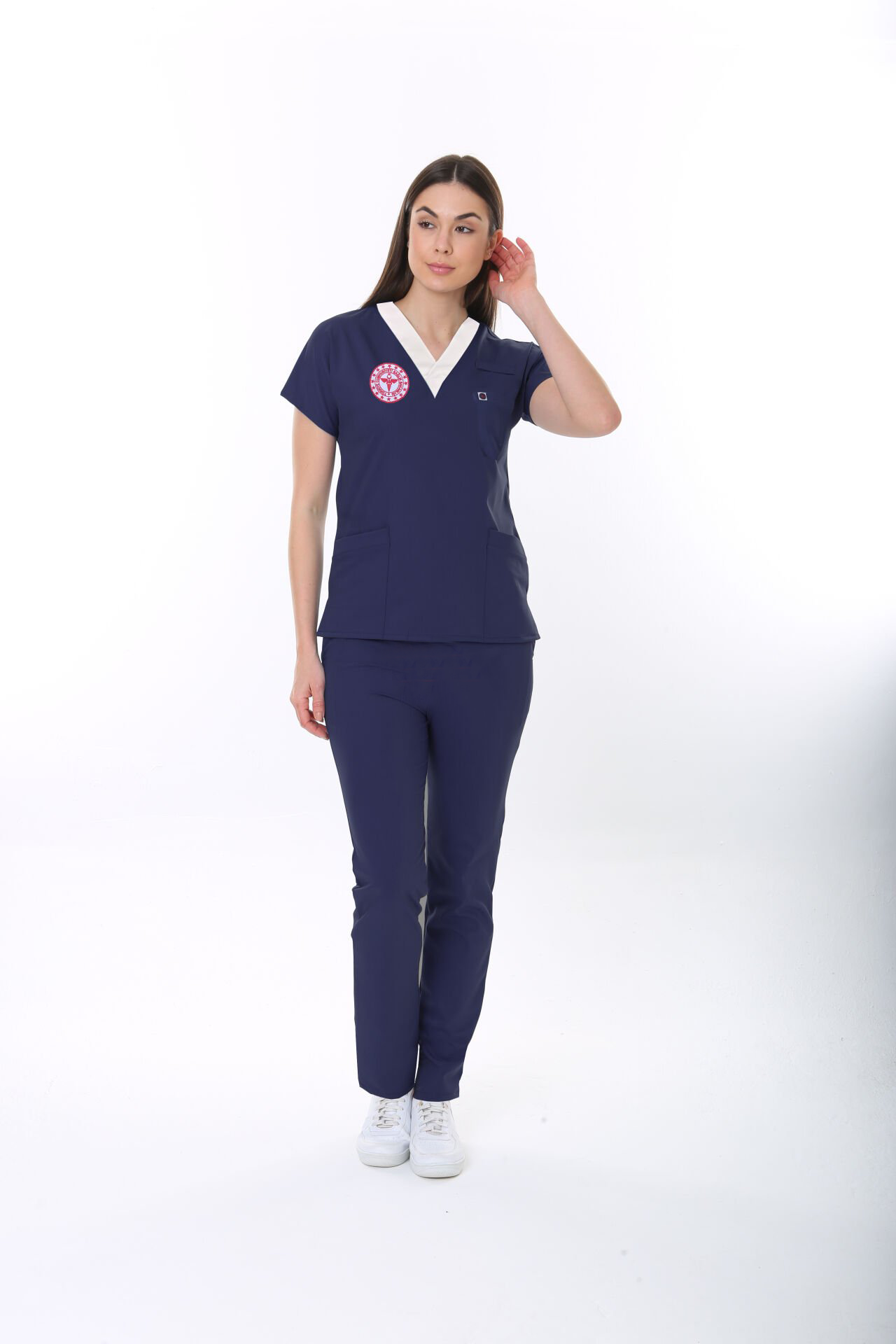 ARMALI SORUMLU HEMŞİRE FORMASI LİKRALI SCRUBS TAKIM (PATRIOT BLUE)