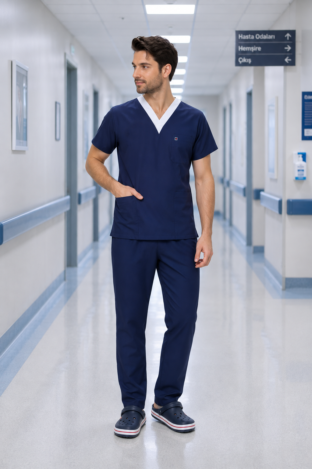 ARMASIZ SORUMLU HEMŞİRE FORMASI LİKRALI SCRUBS TAKIM (PATRIOT BLUE)