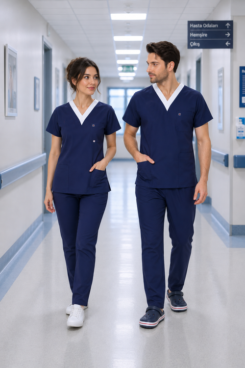 ARMASIZ SORUMLU HEMŞİRE FORMASI LİKRALI SCRUBS TAKIM (PATRIOT BLUE)