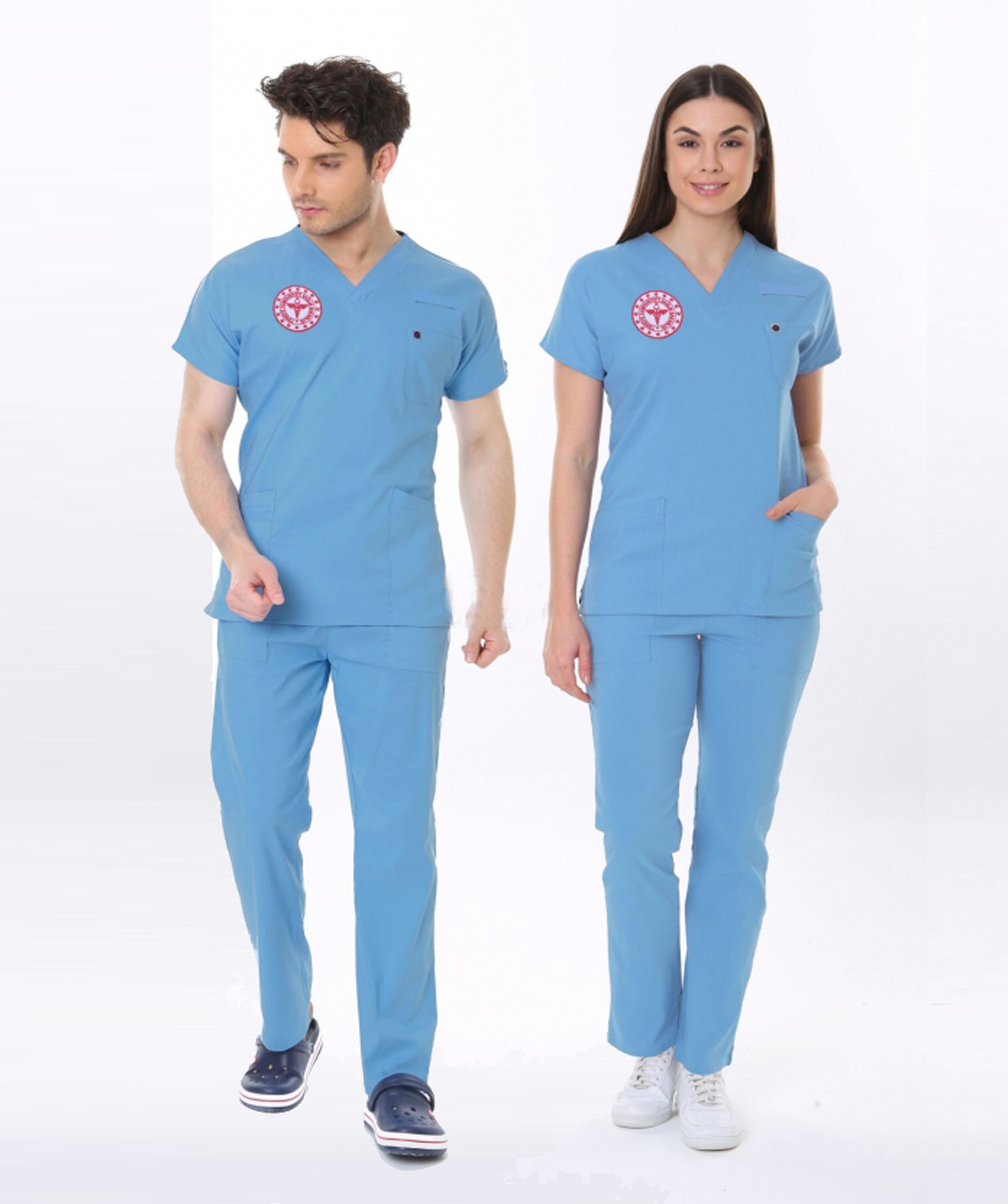 ALASKA MAVİSİ DOKTOR HEKİM FORMASI LİKRALI SCRUBS TAKIM (ALASKAN BLUE)