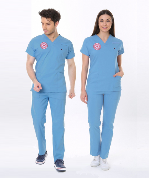 ALASKA MAVİSİ DOKTOR HEKİM FORMASI LİKRALI SCRUBS TAKIM (ALASKAN BLUE)