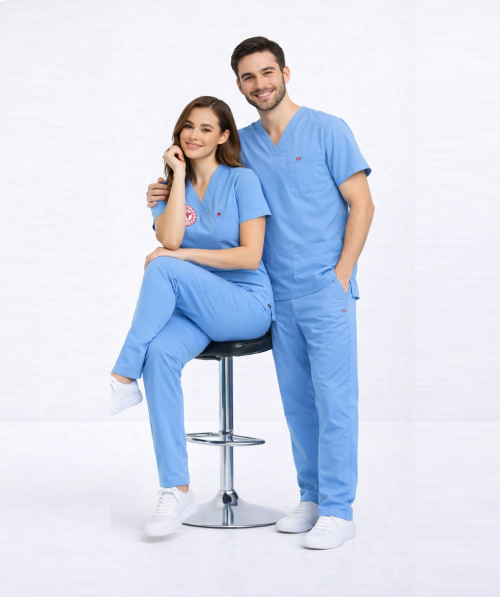 ALASKA MAVİSİ DOKTOR HEKİM FORMASI LİKRALI SCRUBS TAKIM (ALASKAN BLUE)