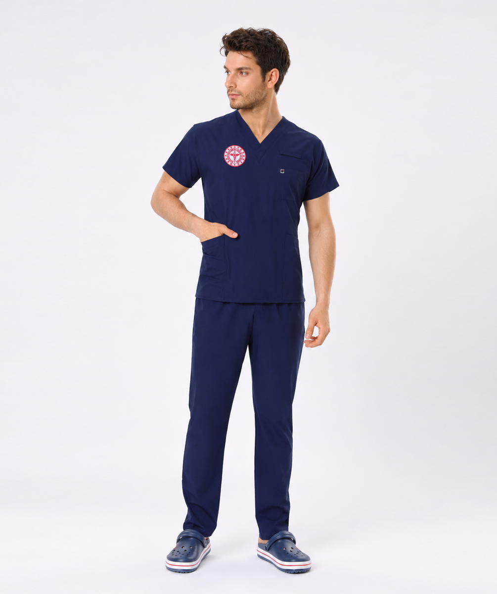 LACİVERT HEMŞİRE FORMASI LİKRALI SCRUBS TAKIM (PATRIOT BLUE) ARMALI