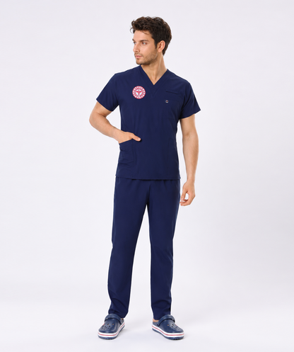 LACİVERT HEMŞİRE FORMASI LİKRALI SCRUBS TAKIM (PATRIOT BLUE) ARMALI