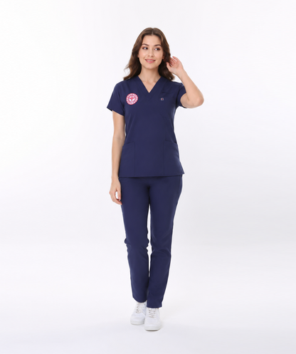 LACİVERT HEMŞİRE FORMASI LİKRALI SCRUBS TAKIM (PATRIOT BLUE) ARMALI