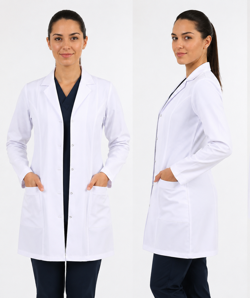 Bayan Klasik Yaka Beyaz Doktor Hemşire Eczacı Vizit Önlük (Uzun Boy)