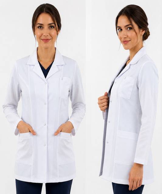 Bayan Klasik Yaka Beyaz Doktor Hemşire Eczacı Laboratuvar Önlüğü (Ceket Boy)