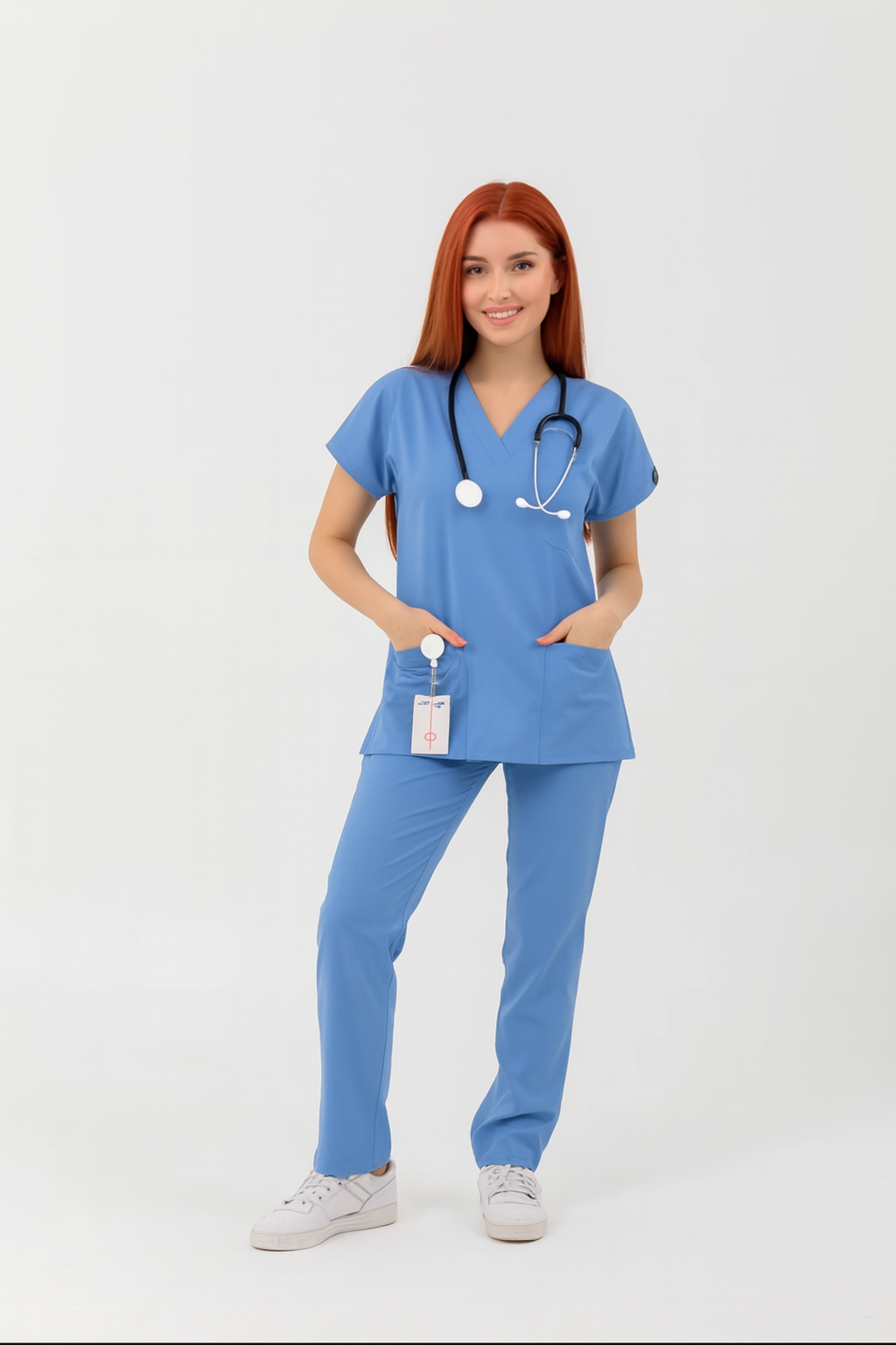 Unisex V Yaka Likralı Doktor Hemşire Scrubs