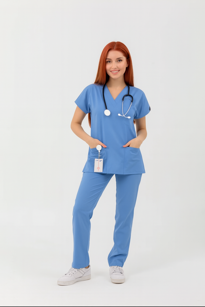 Unisex V Yaka Likralı Doktor Hemşire Scrubs