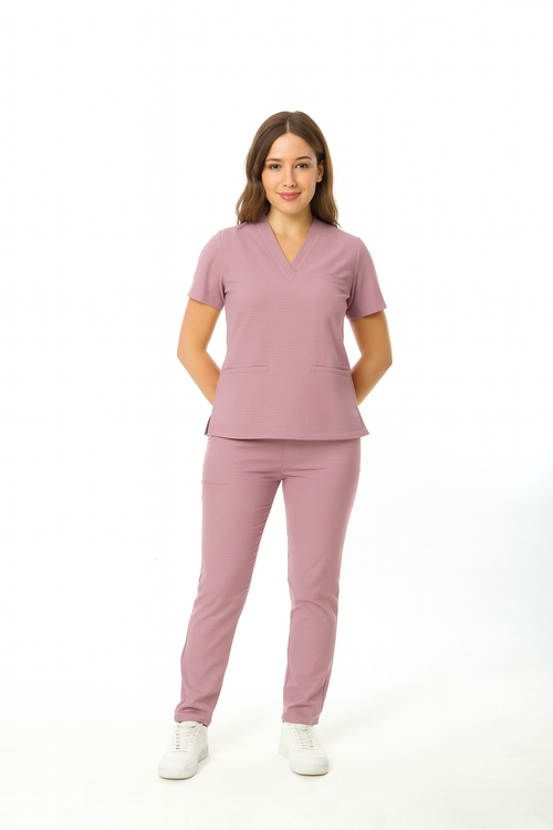 Unisex V Yaka Gofre Likralı Takım (Gizli Cepli) Doktor/Hemşire Forması