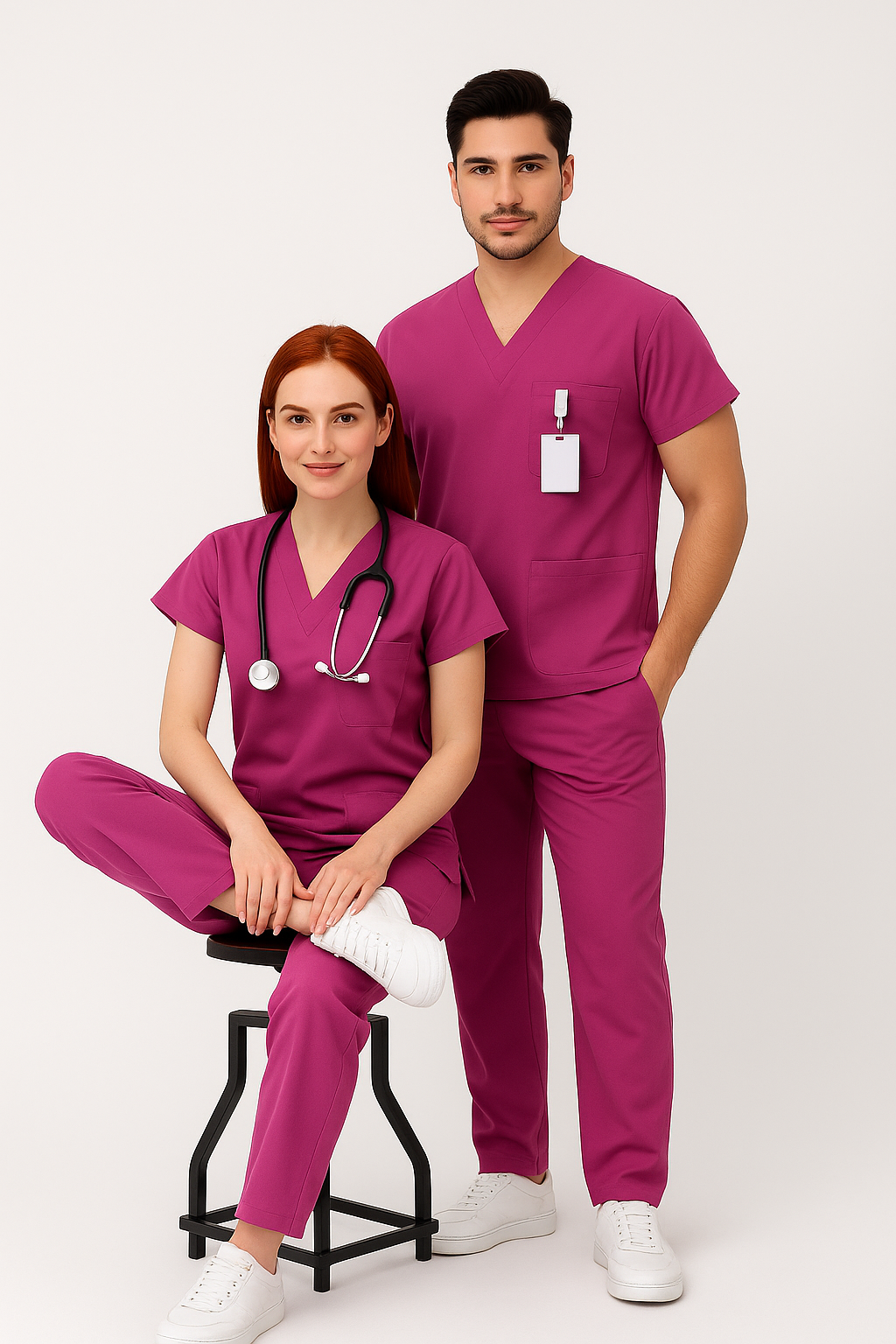 Unisex V Yaka Likralı Doktor Hemşire Scrubs